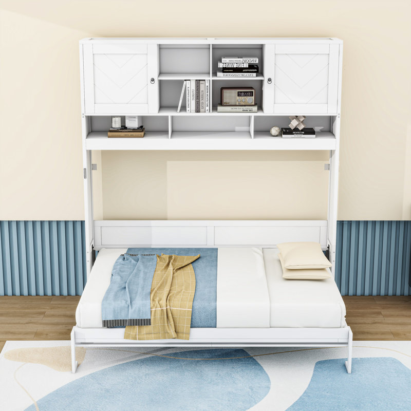 Grand lit escamotable en bois avec tablettes de rangement et rayures à chevrons