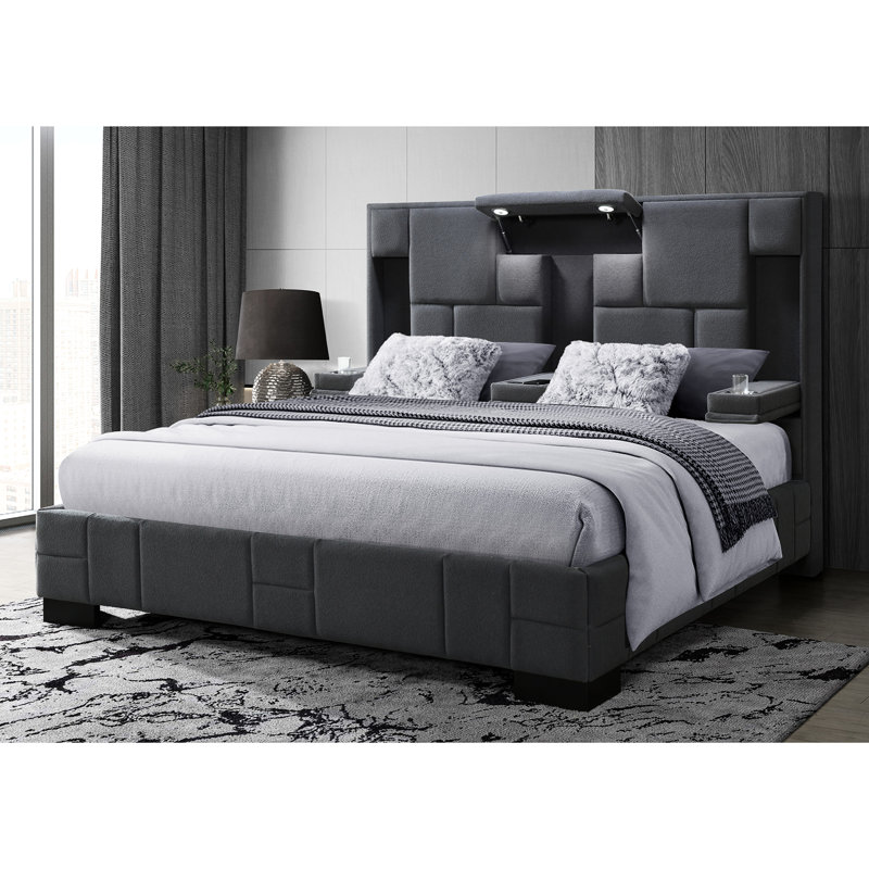 Lit très grand gris foncé de style très grand avec style pliable, charge sans fil centrale et lampes de lecture à DEL pour la chambre à coucher avec charge intégrée, réajustement des haut-parleurs