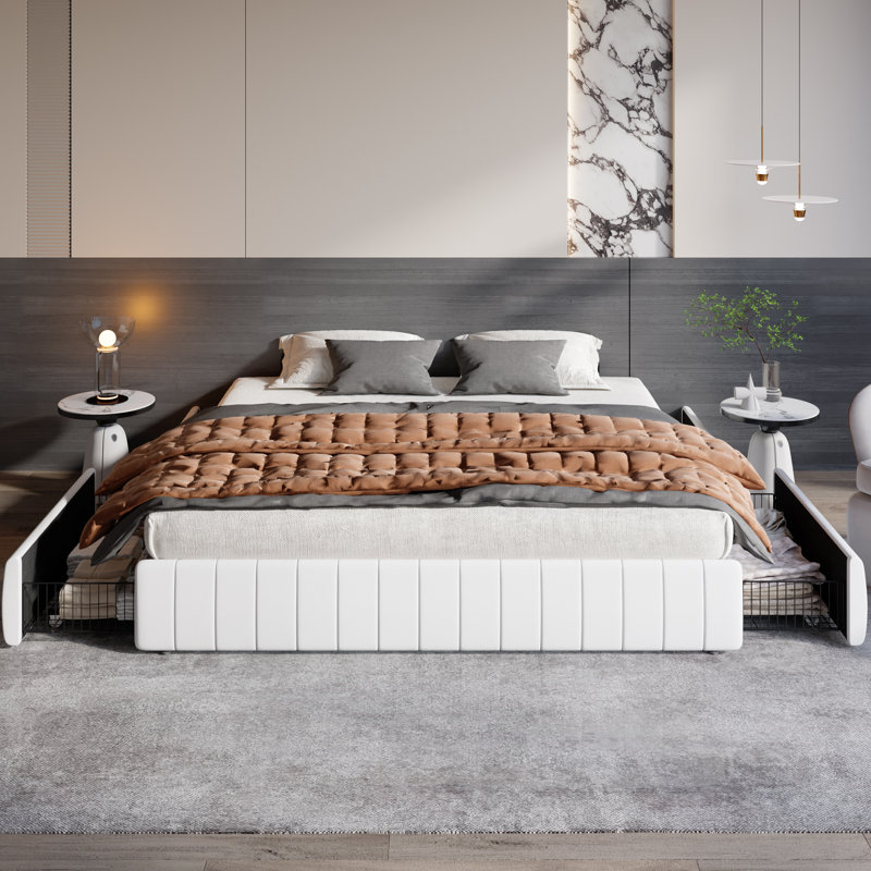 Modern Channel‑Tufted Upholstered Platform Storage Bed With 4 Locking Drawers, White, King