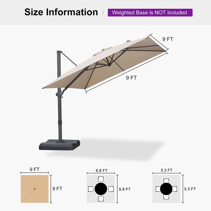 Parasol de patio carré en porte-à-faux 9 'x 9' avec rotation réglable à 360 degrés, 108" W x 108" D, Beige