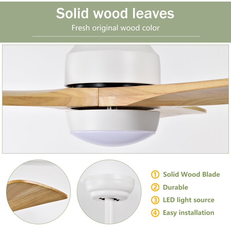 52 po Ventilateur de plafond réversible à 3 pales en bois avec lumières et télécommande