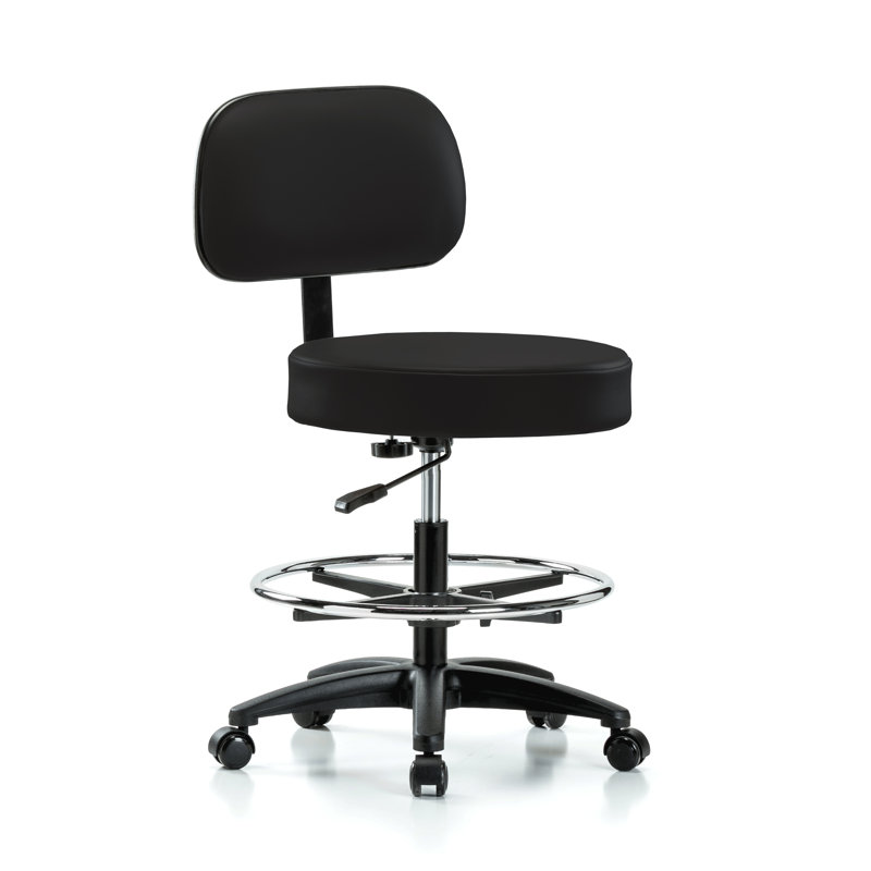 PERCH Walter Height Adjustable Exam Stool with Backrest and Foot Ring | Medium Bench Height 21-28.5", Black Vinyl