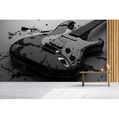 Black Electric Guitar Wallpaper Mural For Music Room, Glossy Rock Theme Wall Art With Realistic Texture, Stylish Musician Decor, Cool Guitarist Wallpaper Gift 