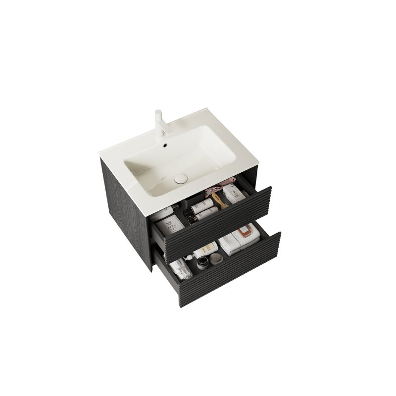 Meuble-lavabo de salle de bain mural flottant avec 2 tiroirs BRON, meuble-lavabo de salle de bain flottant mural avec lavabo et bonde en céramique blanc pré-assemblé, grain de bois chêne foncé BRON