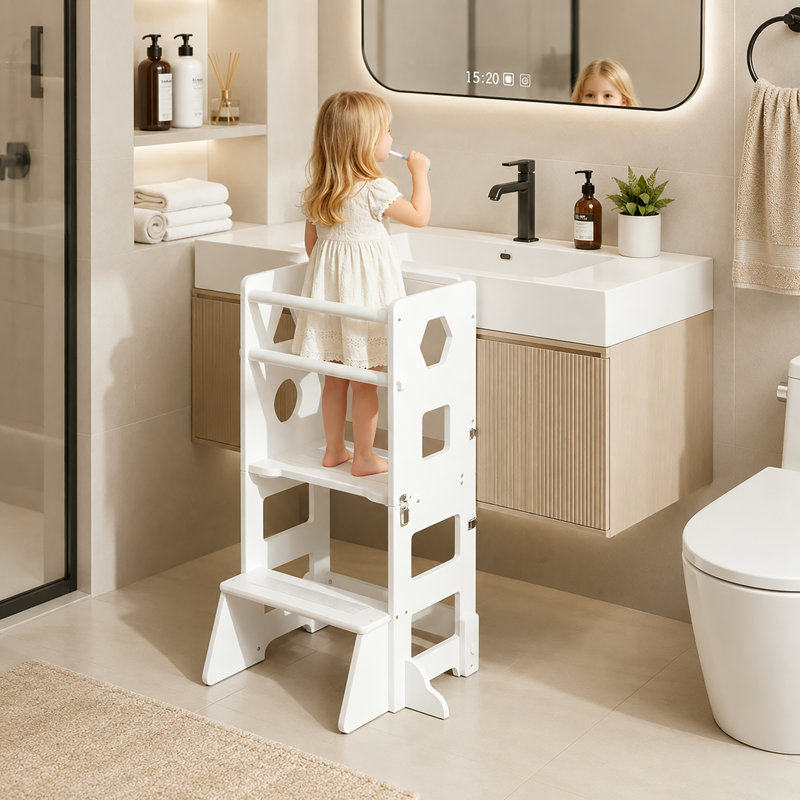 4-in-1 Toddler Kitchen Step Stool,Foldable Learning Standing Tower with Blackboard, Wooden Kitchen Stool Helper for Kids, Boy Girl Gifts(White)