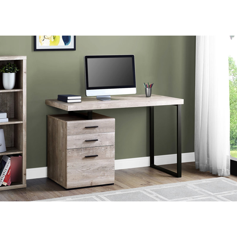Bureau moderne avec bureau en stratifié beige et ordinateur en métal avec compartiments de rangement - plateau taupe de 48 po