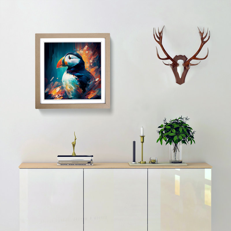 Puffin Abstract - Single Picture Frame Print on Wood, Oak