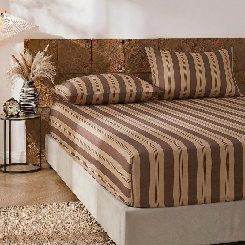 Ensemble de draps 100% coton de très grande taille - Literie rayée brune, tissage percale doux et respirant, drap-housse à poche profonde 17,5 po, ensemble de draps doux et luxueux pour toutes les saisons