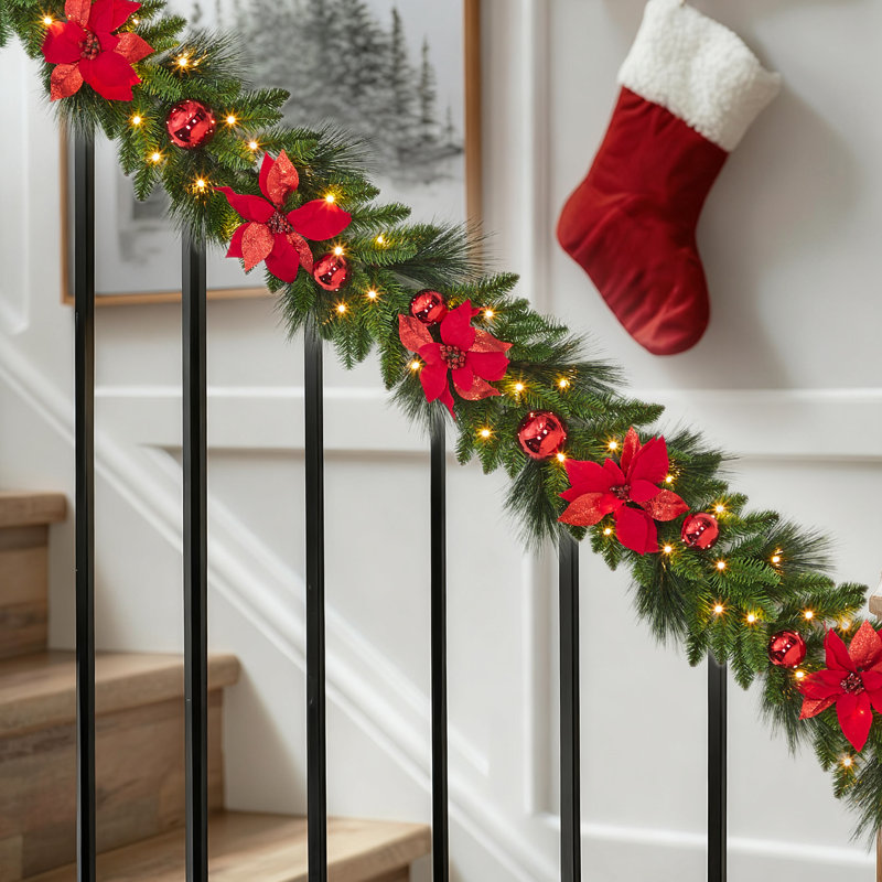 Christmas Wreath & Garland Set – Artificial Pine Needles, Red Flowers, Pinecones & Frosted Sections – Battery Operated – Holiday Decor for Front Door, Mantle – Indoor/Outdoor  9FT