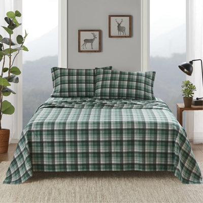 100% Cotton Flannel Plaid 4 Pcs Full Sheet Twin/Full Fitted Fits 12" Mattresses Queen/King/ King For 14" Depth Comprising 1 Flat 2 Pillowcases Elastic Machine Washable - No Chemicals Flannel, Plaid,