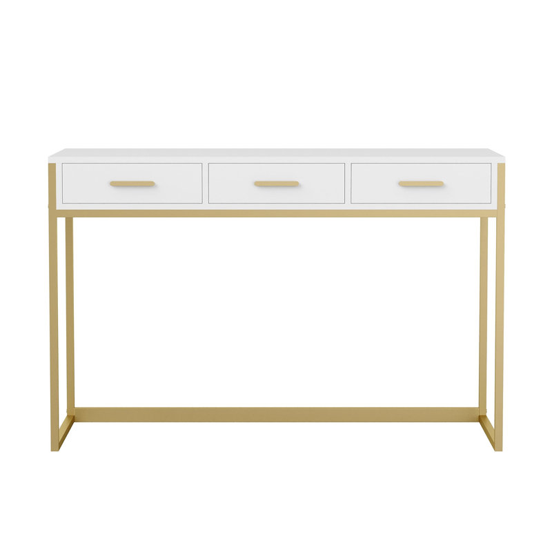 Huddleston Martha Stewart 3 Drawer Home Office Desk with Metal Frame and Hardware, White/Polished Brass