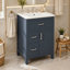 Meuble-lavabo de 61 cm (24 pouces) avec lavabo en céramique, structure en bois massif, 1 porte, tiroir abattant et 2 tiroirs, charnières à fermeture douce, poignées argentées.-816749649