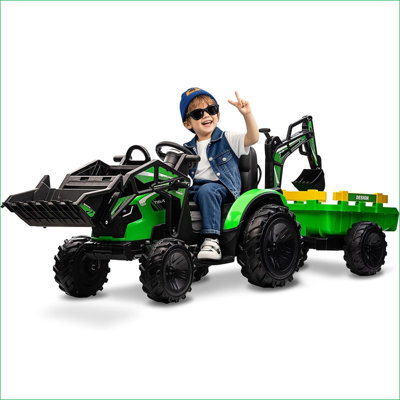 3 in 1 Ride on Tractor, Excavator & Bulldozer, 24V Electric Vehicle w/Trailer, Shovel Bucket, Digger, Remote Control, EVA Tire, LED Light, Music, USB