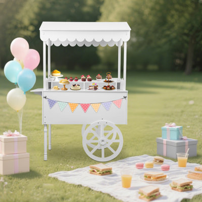 70.08" Tall Freestanding Foldable Wood Decorated Candy Cart Display Stand with Decorative Wheels & Roof, White