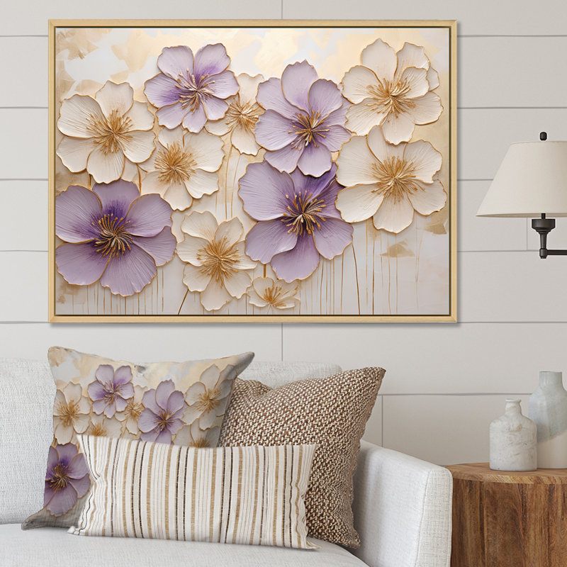 Mauve et or sur fond orné de violettes, "Violettes Meadow II", H 34 po x l 44 po x P 1,5 po, Cadre naturel flottant
