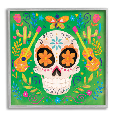 «Floral Day Of Dead», crâne de guitare encadré sur bois par ND Art, impression