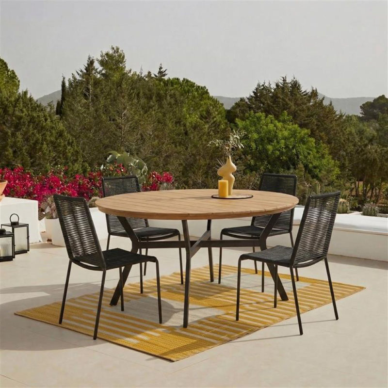 4 Seater Round Wooden Garden Set with Khaki Chairs, Black