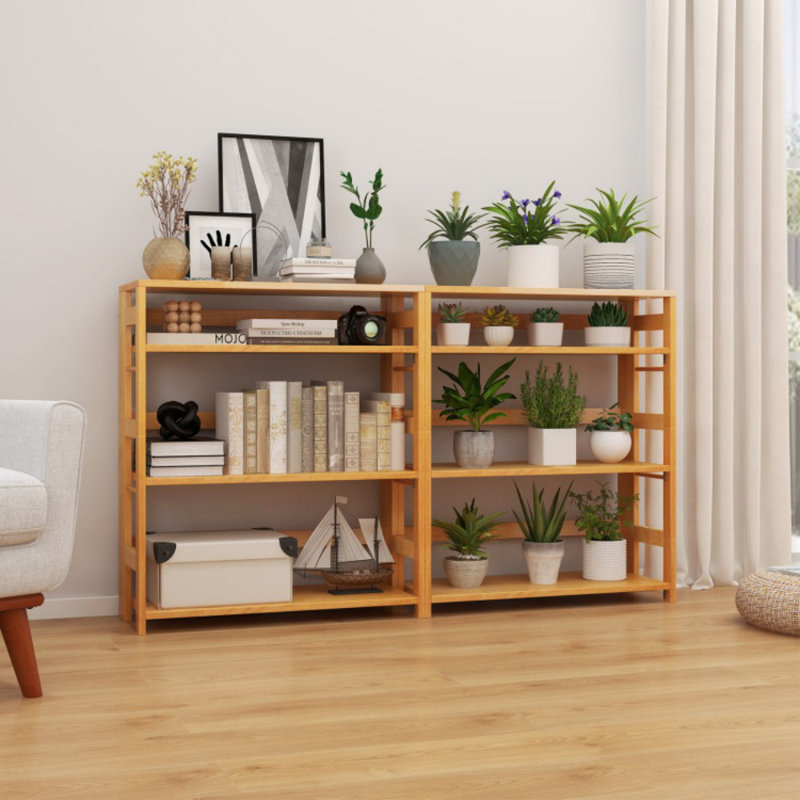 4-Tier Bookshelf Rubber Wood Bookcase With Side Fences For Living Room, (4 Shelves) 34.5"H x 29.5"W x 12"D