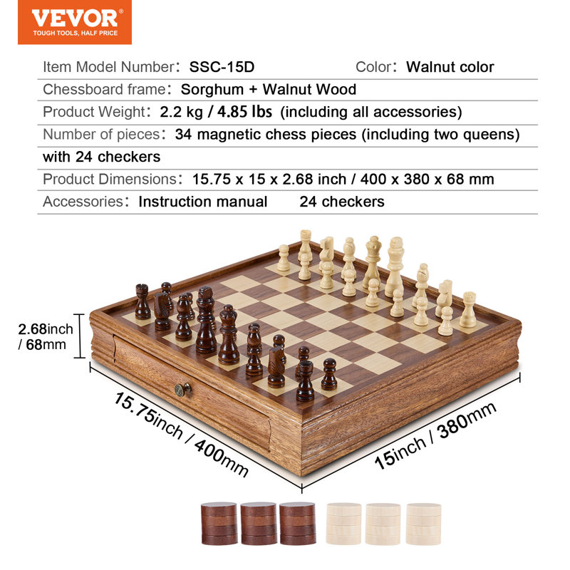 VEVOR 15'' L Solid Wood Chess Game Set