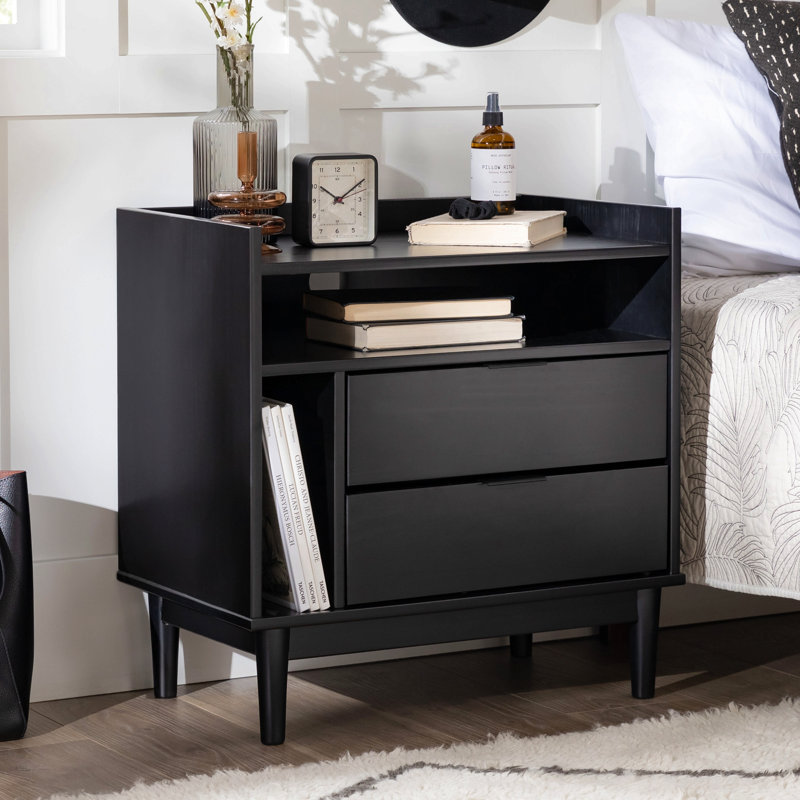 Table de chevet 2 tiroirs Mid-Century, Noir