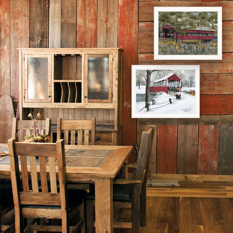 Set of Two White Framed Covered Bridge Prints Wall Art