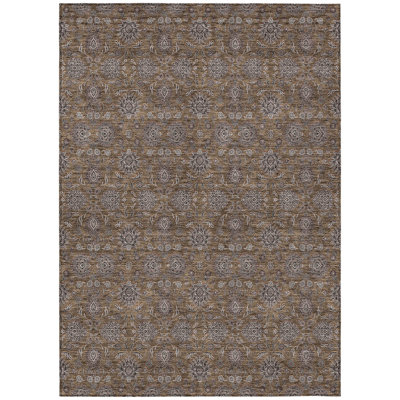 9' X 12' Chocolate And Gray Floral Washable Indoor Outdoor Area Rug