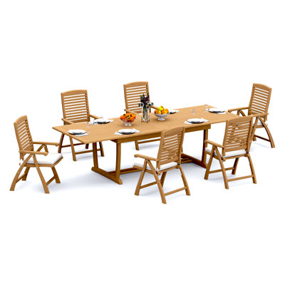 6 Seats 7 Pcs Grade-A Teak Wood Dining Set: 118" Double Extension Mas Rectangle Trestle Leg Table And 6 Ashely Folding Reclining Arm Chairs #11AS2506