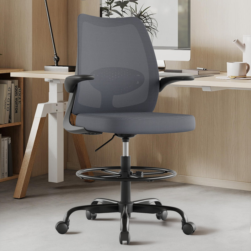 Breathable Mesh Drafting And Office Chairs With Adjustable Foot Pedals And Armrests, Gray