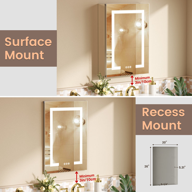 Hilvert Recessed or Surface Mount LED Lighted Medicine Cabinet with Mirror & 2 Adjustable Shelves, Dimmable
