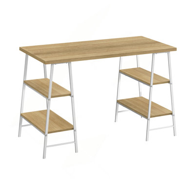 Bureau d'ordinateur, bureau personnel, ordinateur portable, tablettes de rangement, L 48 po, travail, stratifié naturel, métal blanc, contemporain