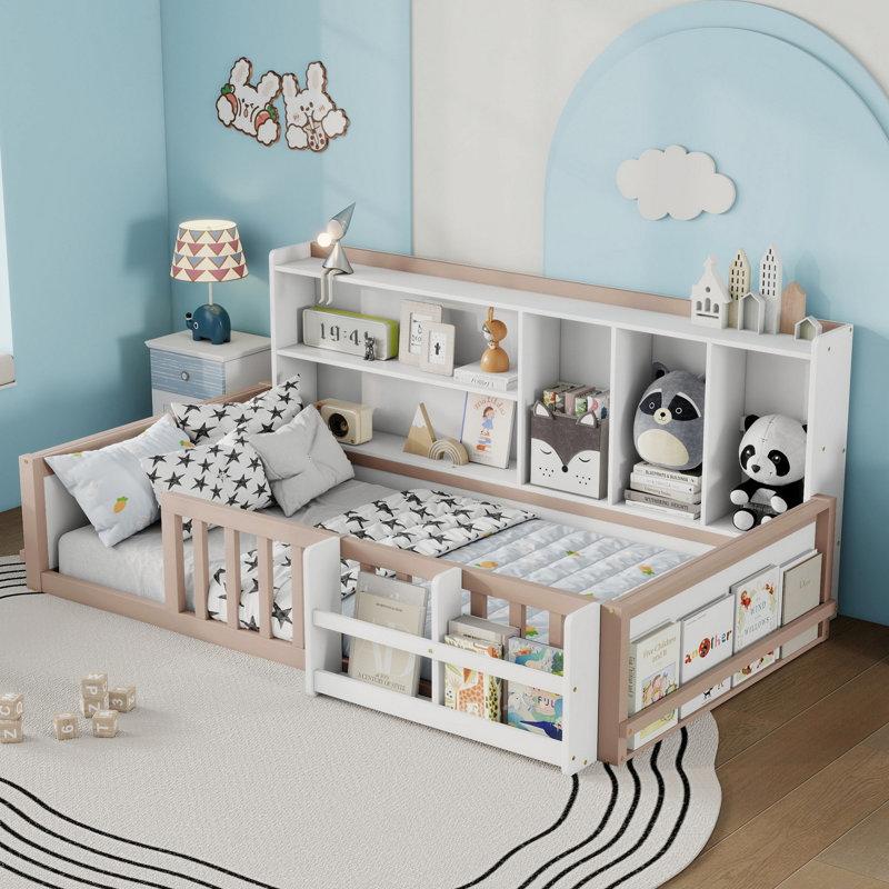 Base de lit plateforme en bois avec barrière de sécurité, tablettes de rangement latérales, Lit simple, Crème, blanc