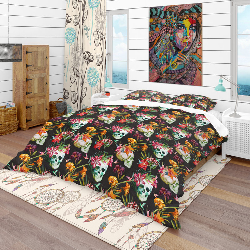 Ensemble de housse de couette bohémienne en microfibre noire, Housse de couette double / grand + 2 taies