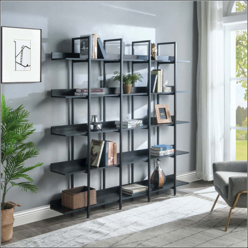 Bibliothèque à 5 niveaux avec bureau ouvert, tablette de style industriel rétro avec structure en métal, Noir