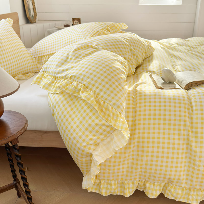 Ensemble de housse de couette à volants Gingham, ensemble de housse d'édredon à carreaux en microfibre prélavée, Grand lit