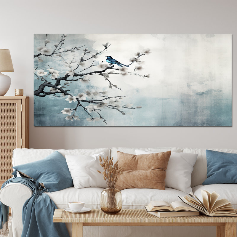 Art asiatique, Sumi oiseau sérénité, art asiatique, H 28 po x l 60 po x P 1,5 po, Toile tendue