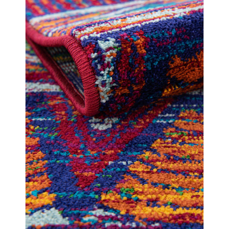 Tapis intérieur / extérieur en polypropylène géométrique rouge / vert / bleu marine Equan, Rond 7 pi 10 po