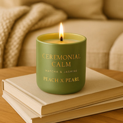 Bougie de soja matcha et jasmin Peach X Pearl Co en boîte-cadeau, 12 oz