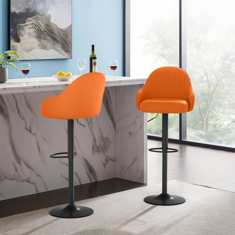 Adjustable Height Bar Stools, Modern Faux Leather 360° Swivel Chairs With Backrest For Kitchen Or Dining, Orange