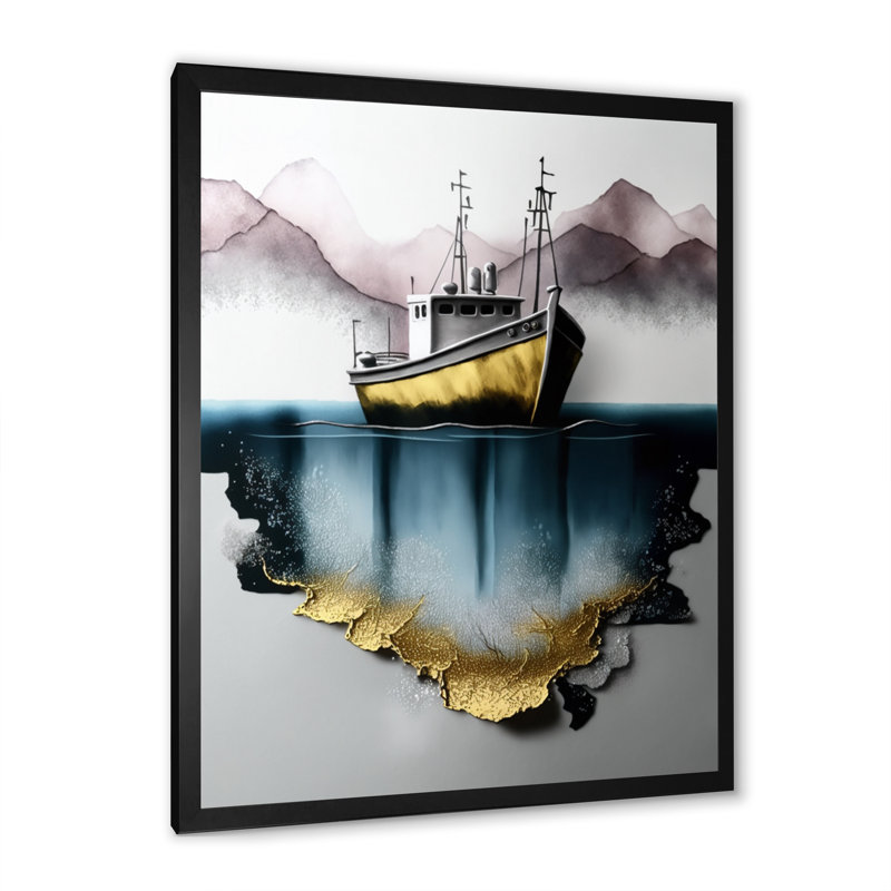 Décoration murale bateau de pêche doré moderne I - Bateau côtier, Cadre photo noir, H 20 po x l 12 po x P 1 po
