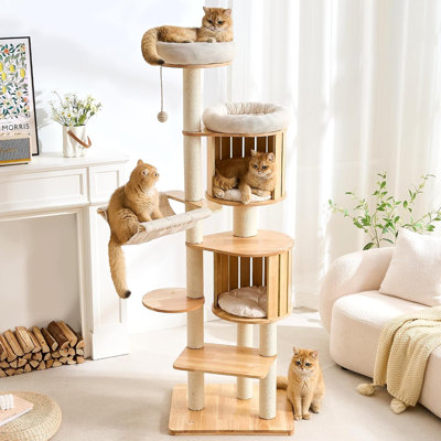 Solid Wood Cat Tree Tower with Scratching Post, 70 Inches Tall Cat Towers with Hammock and Condo, Modern Cat Tower with Removable Top Bed for Indoor Cats