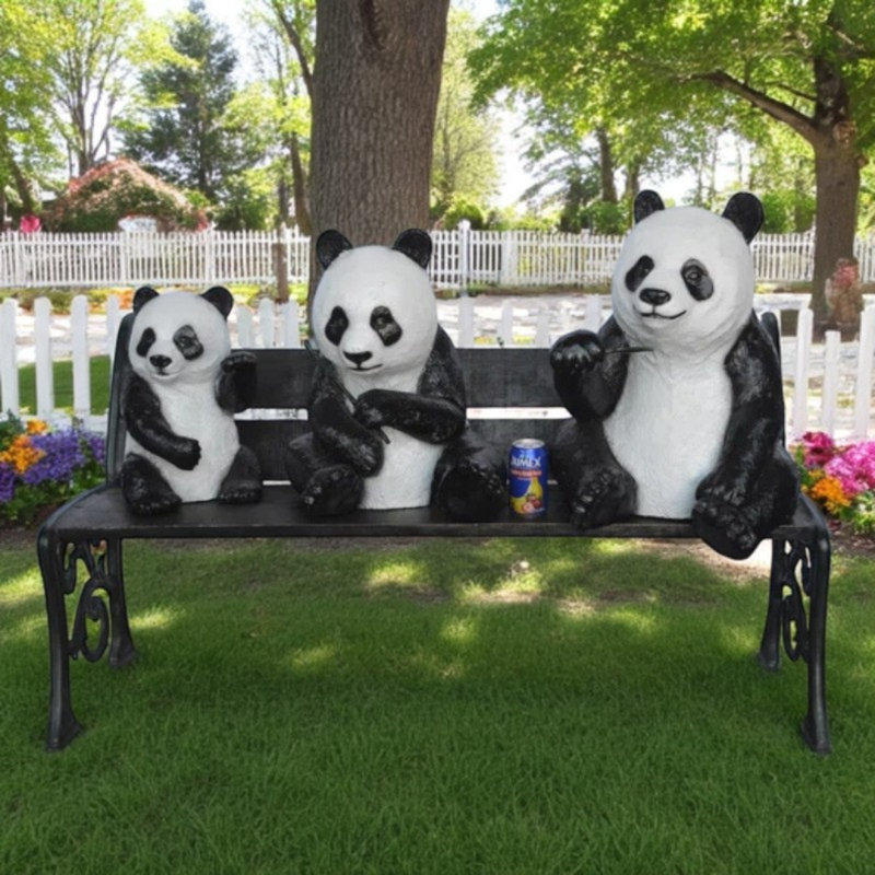 Statue de trois ours panda assis sur un banc en bronze - création intemporelle coulée à la main, L 53 po x l 28 po x H 36 po