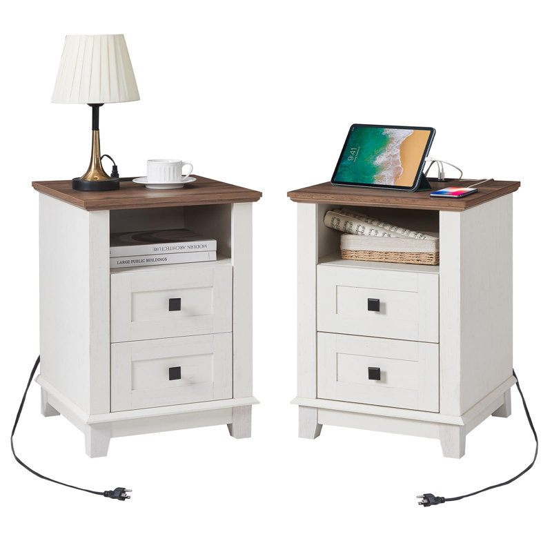 Demitrus 4 - Drawer End Table and Built-In Outlets,White, White