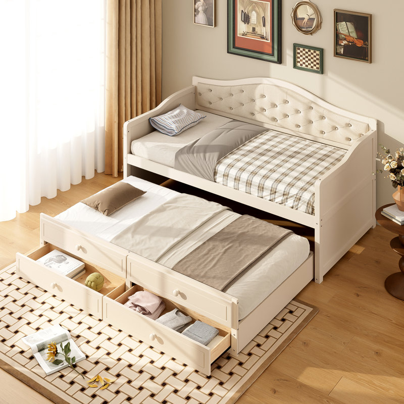 Daybed With Trundle, Sofa Bed With Upholstered Backrest For Living Room, Bedroom, Guest Room, Beige