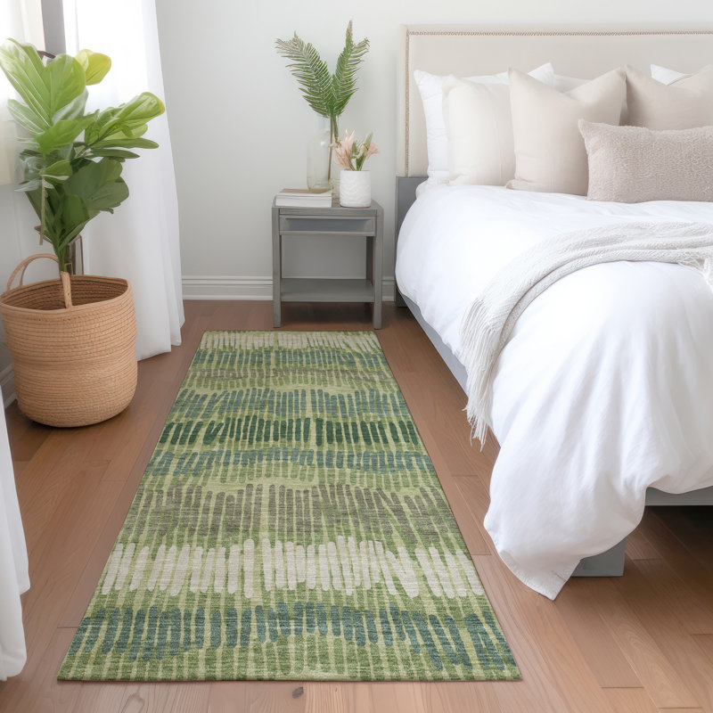 Premium Machine Washable Prisco Green Rug, Runner 2'3" x 7'6"