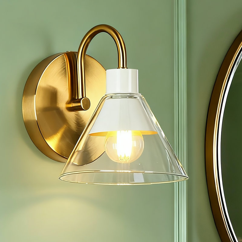 Modern  1-Light White Gold Dual-Layer Cone Glass Wall Sconce Minimalist Armed Vanity Light, Polished Brass/White