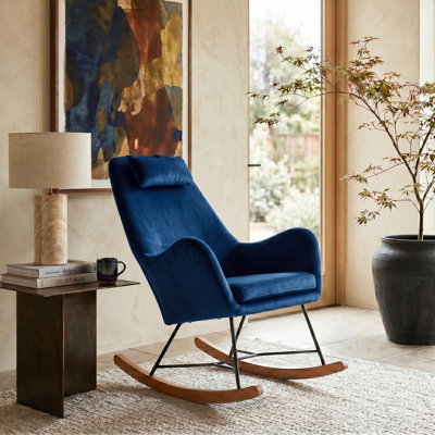 Brentwood Velvet Mid-Century Rocking Chair with Neck Pillow and Metal Frame