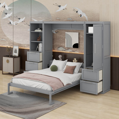 Grand lit escamotable mural avec placard, tablettes et tiroirs