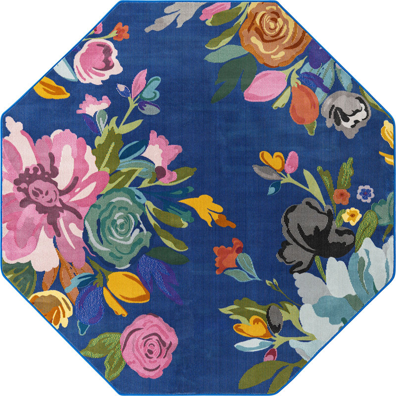 Tapis campagnard et floral bleu marine-bleu foncé, Octogone 6 pi