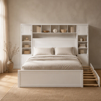 Luxurious Queen-Size Wooden Bed with Integrated Cabinet, Shelf, and Sockets for Enhanced Organization and Comfort
