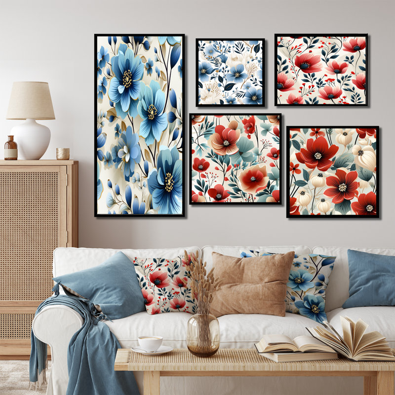 Bleu et ivoire élégance côtière motif floral II - ensemble de 5 impressions murales florales, Cadre flottant noir
